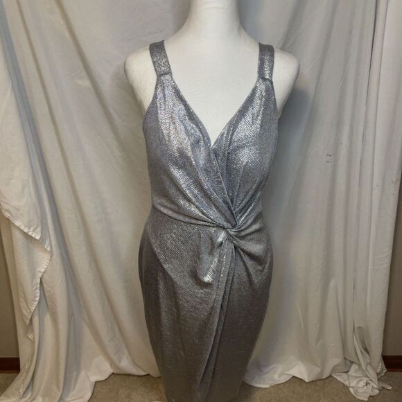 Eliza J Metallic Silver Twist Front Cocktail Maxi Dress Womens Designer Stylish - Picture 2 of 7